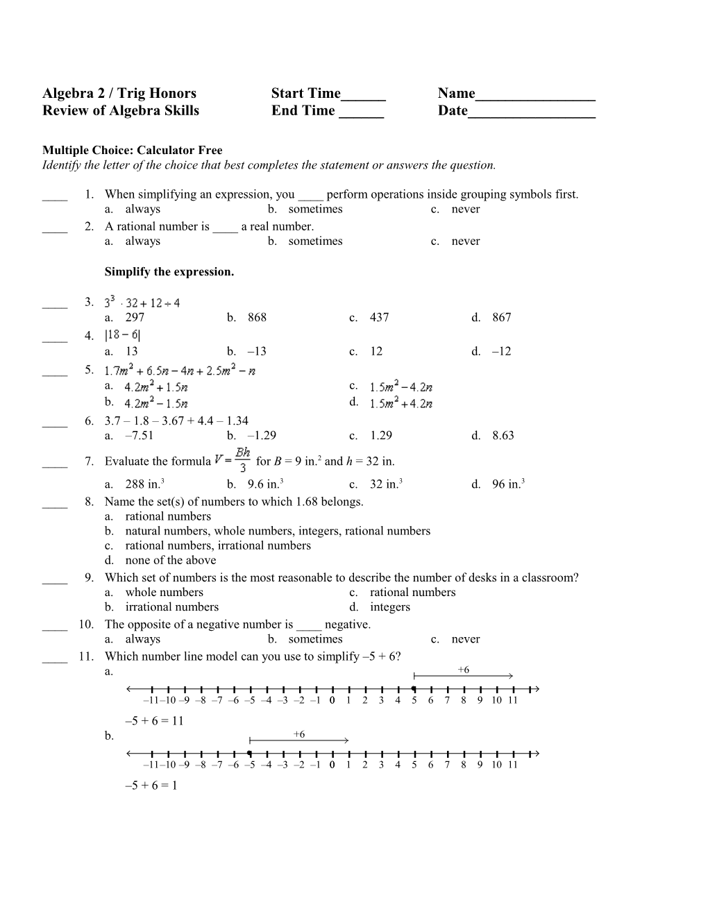 Final Exam Review for Honors Algebra 1