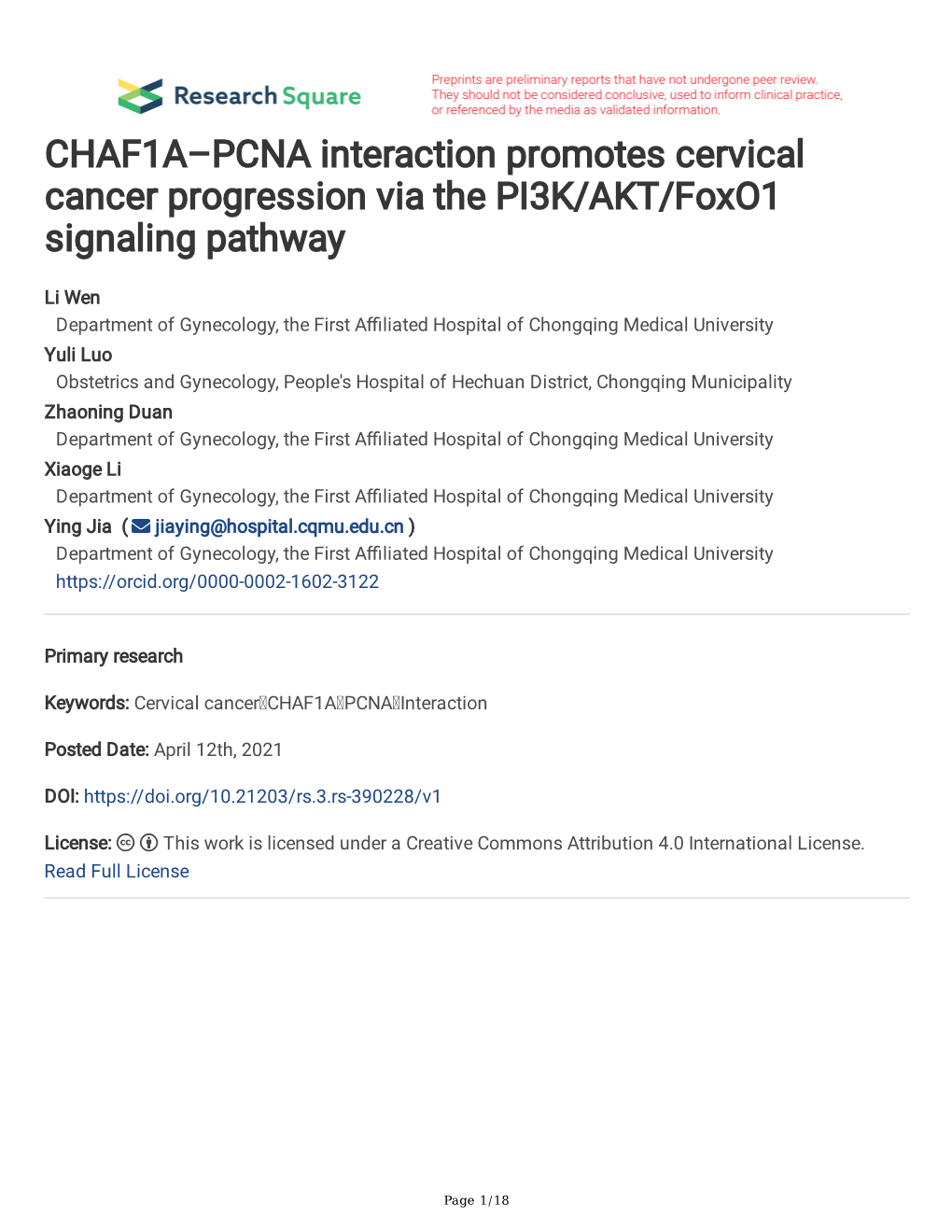 CHAF1A–PCNA Interaction Promotes Cervical Cancer Progression Via the PI3K/AKT/Foxo1 Signaling Pathway