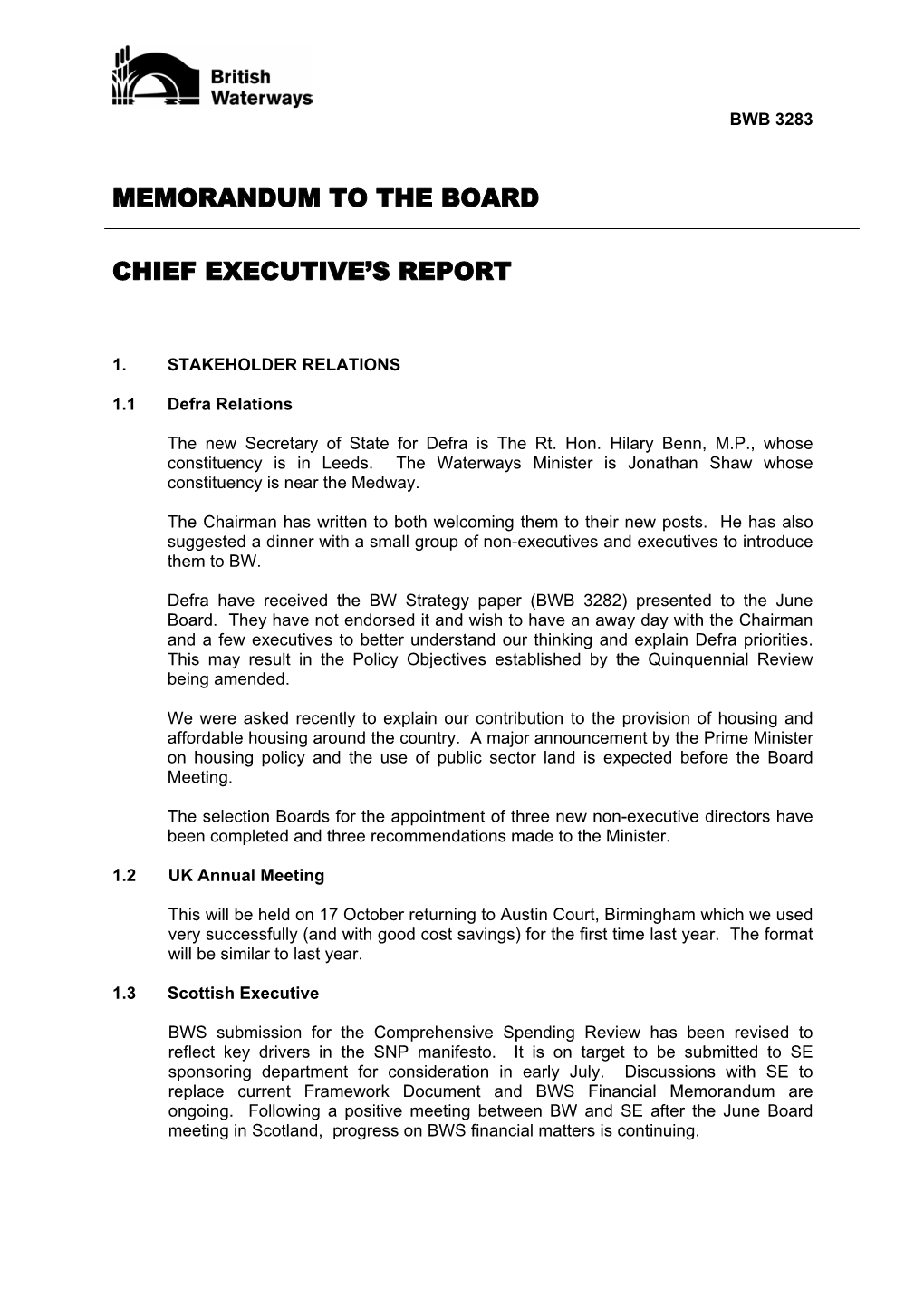 Board Briefing Paper July 2007