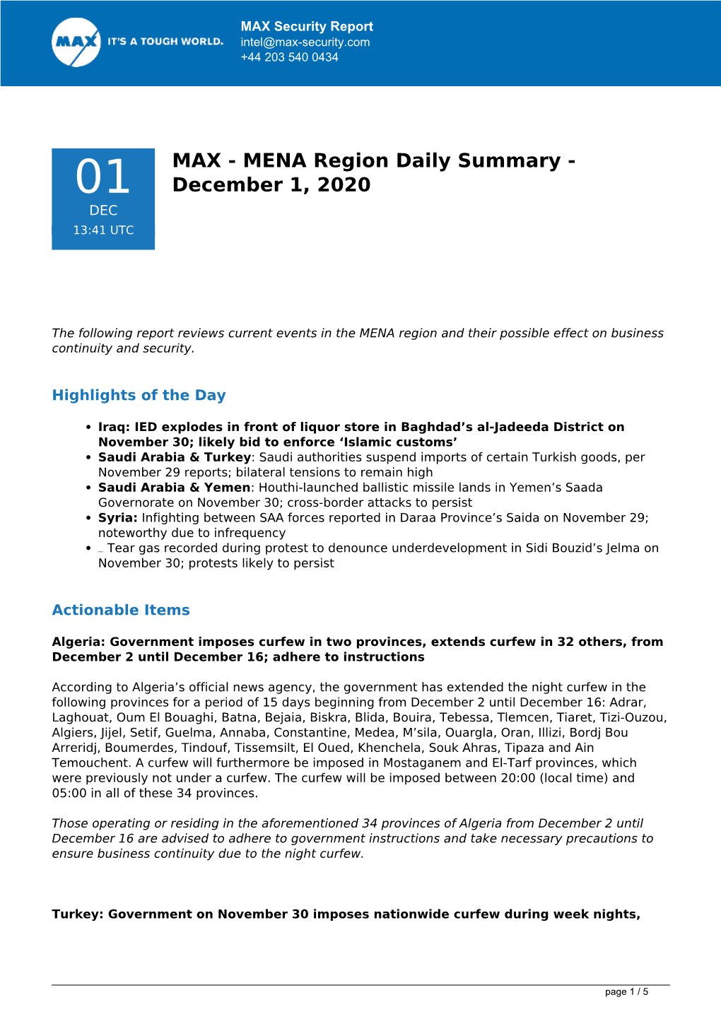 MAX Security Report Intel@Max-Security.Com +44 203 540 0434