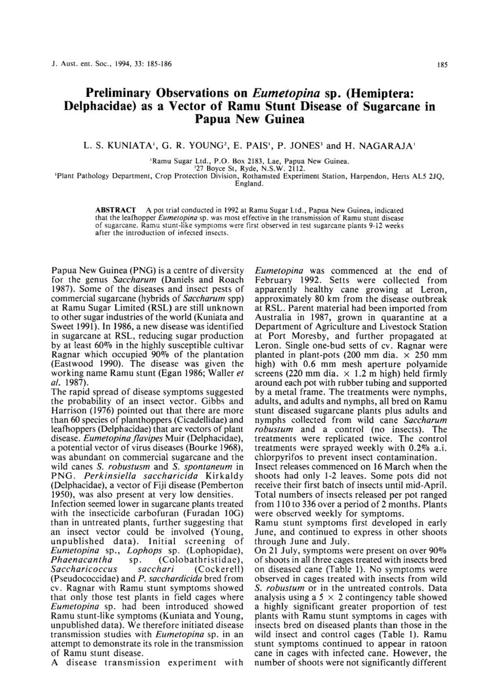 As a Vector of Ramu Stunt Disease of Sugarcane in Papua New Guinea