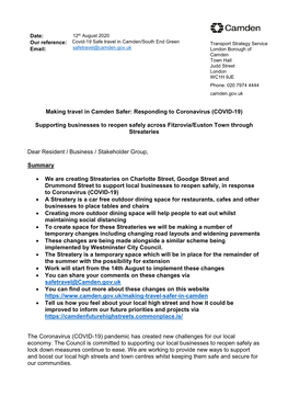 Making Travel in Camden Safer: Responding to Coronavirus (COVID-19)