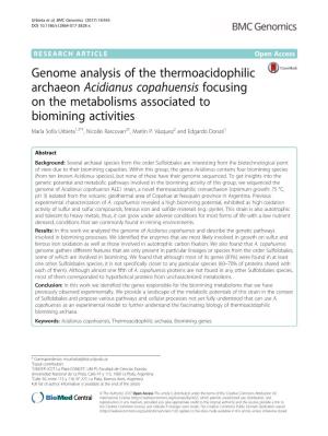 Genome Analysis of the Thermoacidophilic Archaeon Acidianus Copahuensis Focusing on the Metabolisms Associated to Biomining Acti