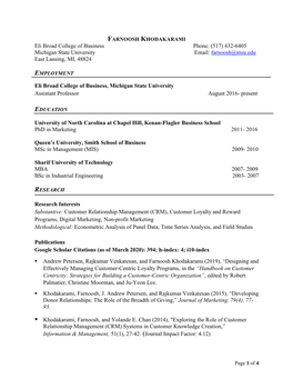 Eli Broad College of Business Phone: (517) 432-6405 Michigan State University Email: Farnoosh@Msu.Edu East Lansing, MI, 48824