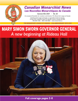MARY SIMON SWORN GOVERNOR GENERAL a New Beginning at Rideau Hall