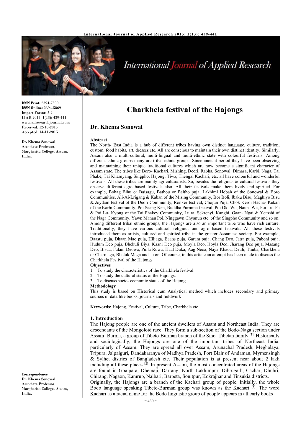 Charkhela Festival of the Hajongs IJAR 2015; 1(13): 439-441 Received: 12-10-2015 Dr