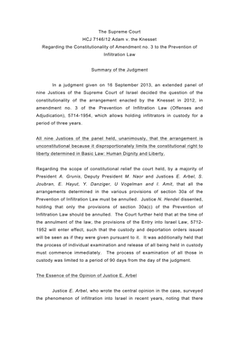 The Supreme Court HCJ 7146/12 Adam V. the Knesset Regarding the Constitutionality of Amendment No