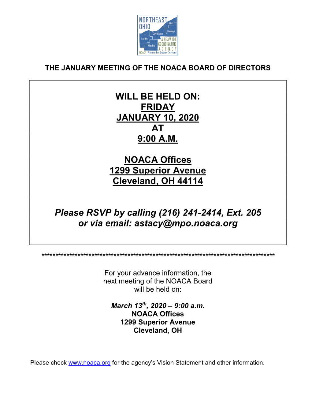 FRIDAY JANUARY 10, 2020 at 9:00 AM NOACA Offices 1299 Superior