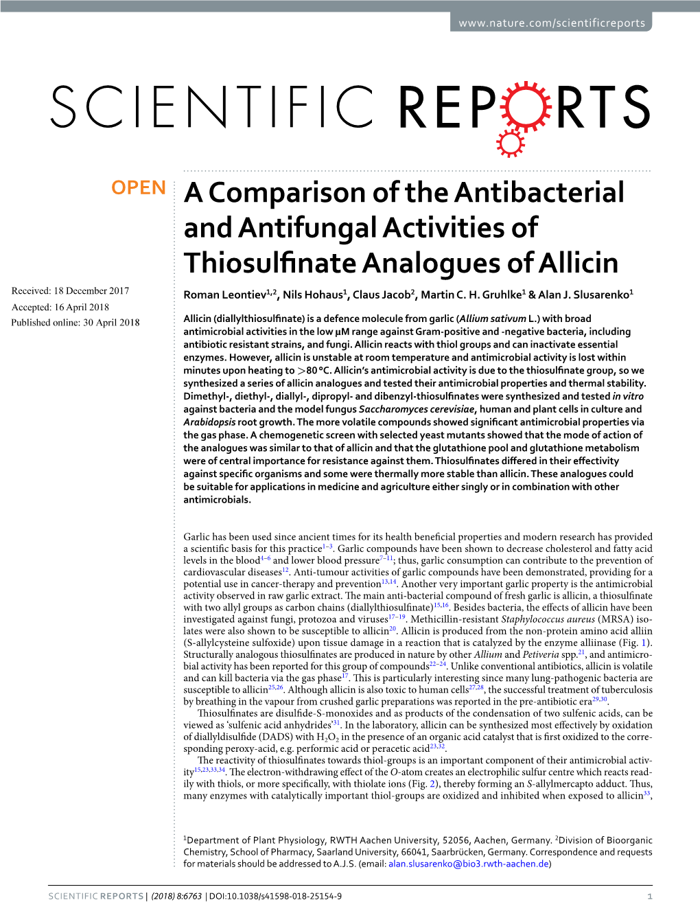 A Comparison of the Antibacterial and Antifungal Activities of Thiosulfinate