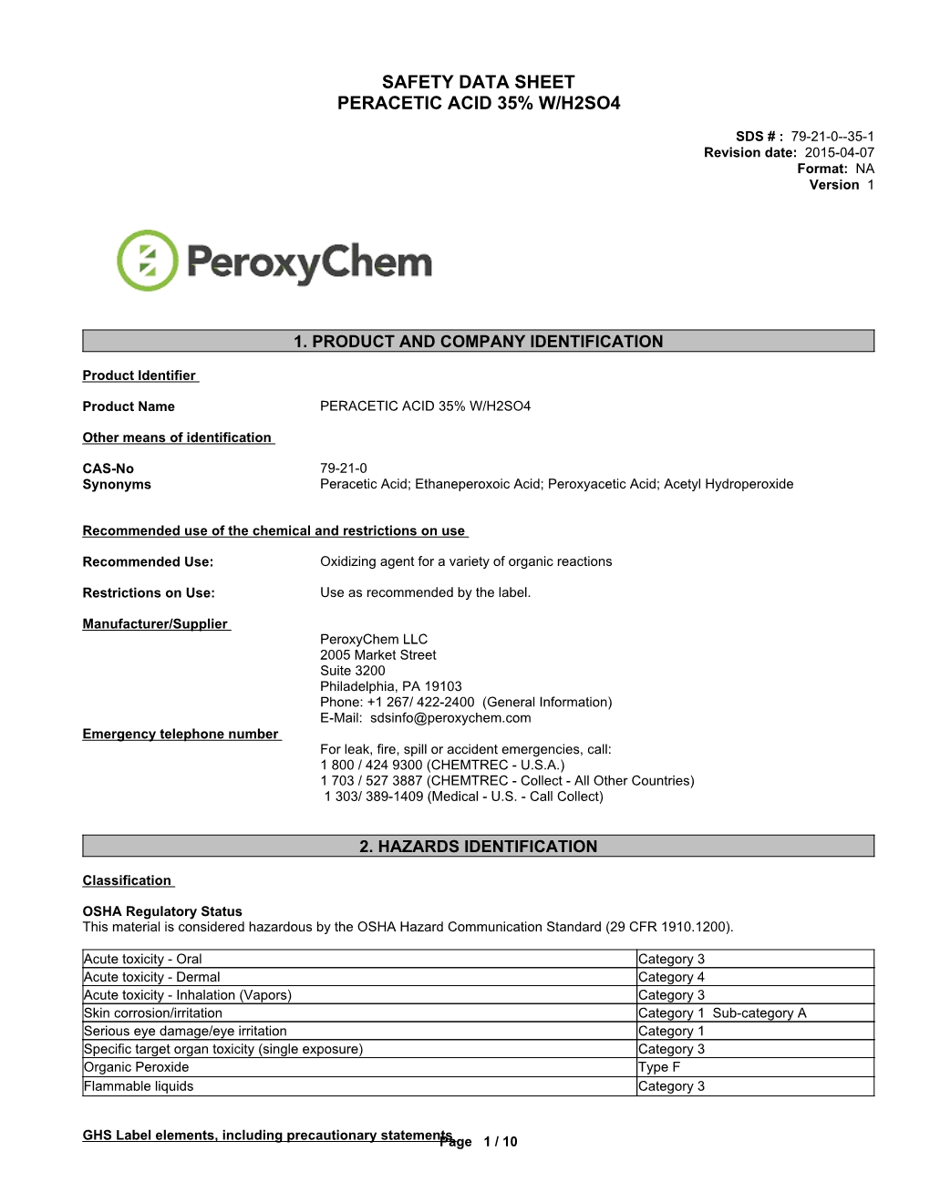 Safety Data Sheet Peracetic Acid 35 W/H2so4 DocsLib