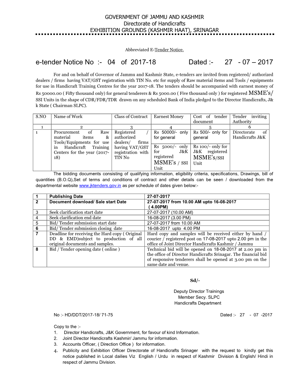 E-Tender Notice No :- 04 of 2017-18 Dated :- 27 - 07 – 2017