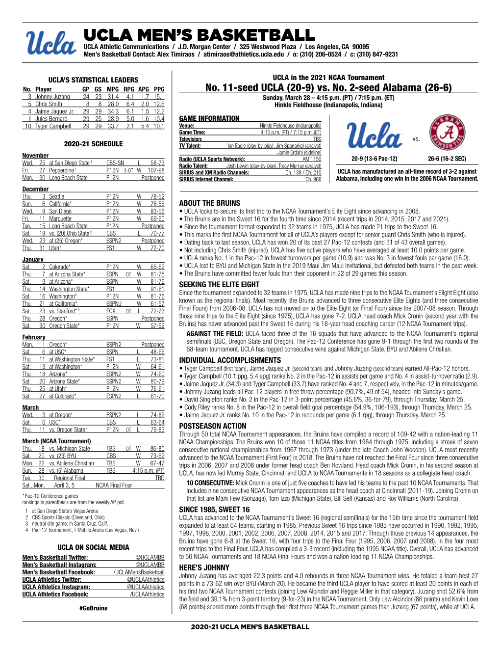 UCLA Men's Basketball Page 1/1 Season/Career Statistics UCLA’S SEASON/CAREER STATS As of Mar 23, 2021 2020-21All Games ROSTER