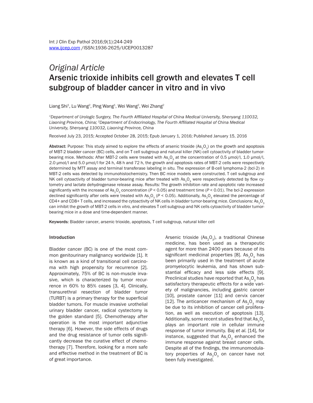 Original Article Arsenic Trioxide Inhibits Cell Growth and Elevates T Cell Subgroup of Bladder Cancer in Vitro and in Vivo