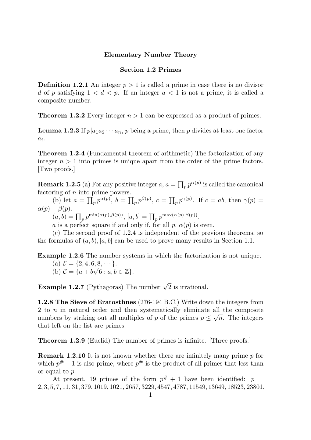 Elementary Number Theory Section 1.2 Primes Definition 1.2.1 An