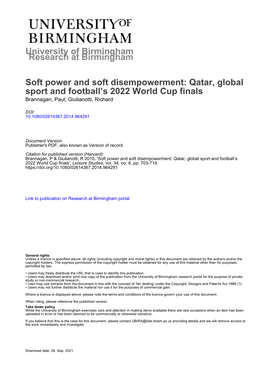 Soft Power and Soft Disempowerment: Qatar, Global Sport and Football’S 2022 World Cup Finals Brannagan, Paul; Giulianotti, Richard