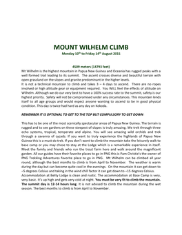 MOUNT WILHELM CLIMB Monday 10Th to Friday 14Th August 2015
