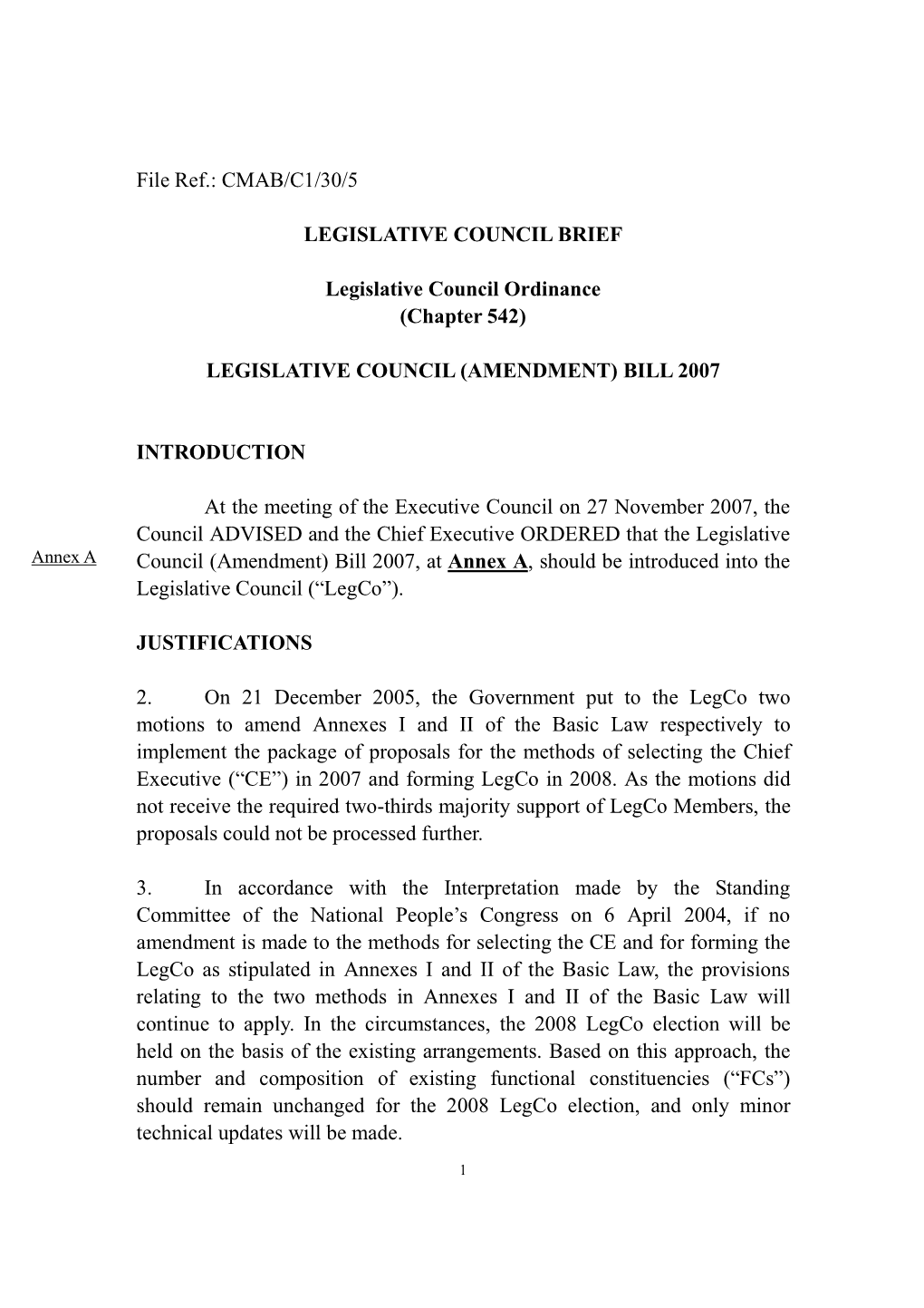 File Ref.: CMAB/C1/30/5 LEGISLATIVE COUNCIL BRIEF