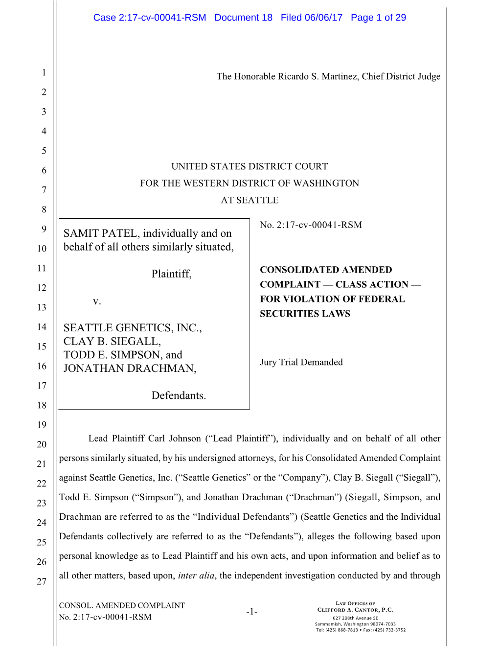 Samit Patel, Et Al. V. Seattle Genetics, Inc., Et Al. 17-CV-00041