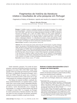 Fragmentos De História Da Literatura: Relatos E Resultados De Uma Pesquisa Em Portugal