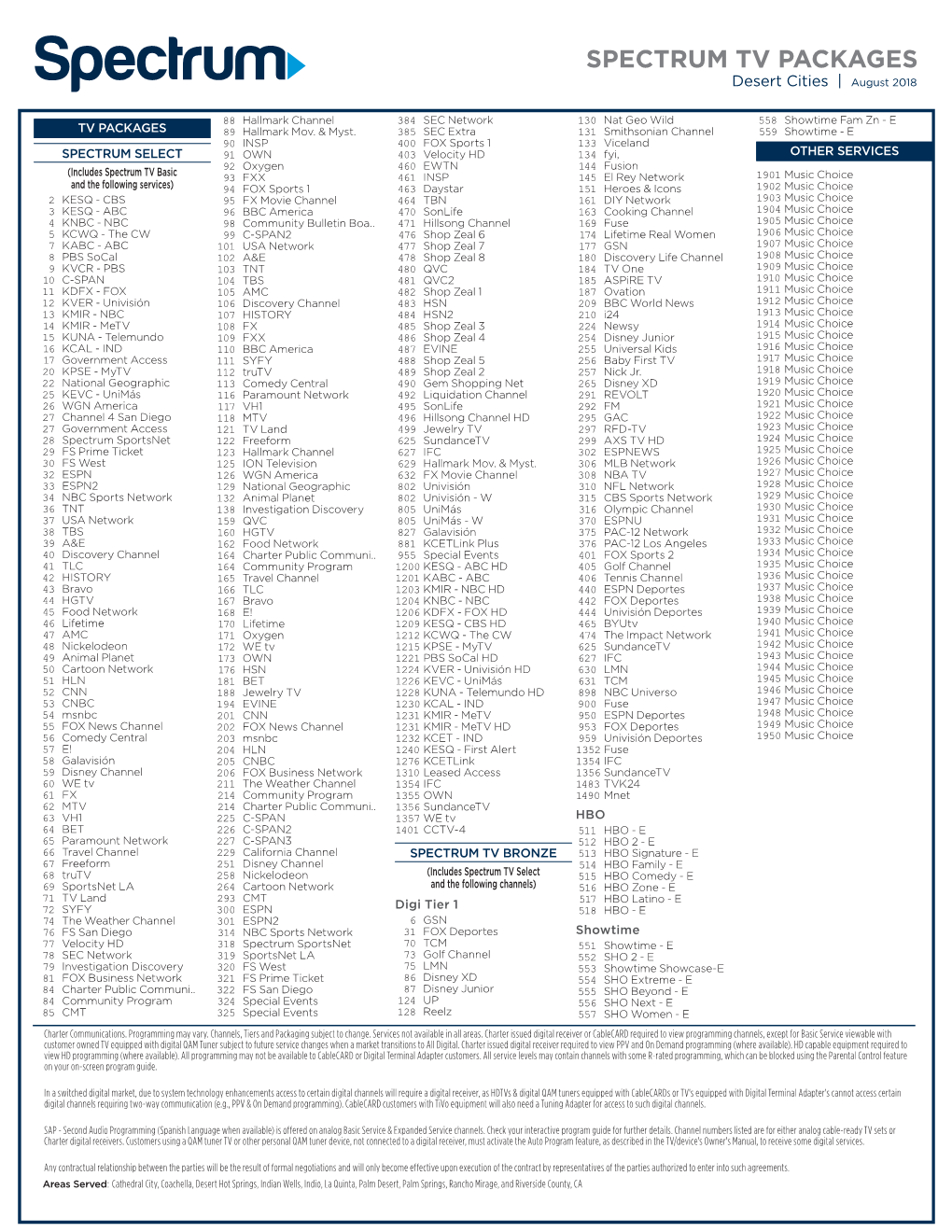 SPECTRUM TV PACKAGES Desert Cities | August 2018