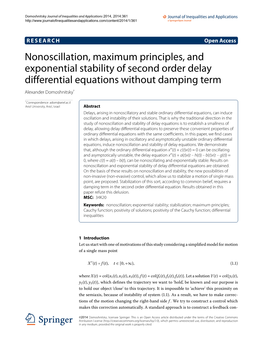 Nonoscillation, Maximum Principles, and Exponential Stability of Second Order Delay Differential Equations Without Damping Term Alexander Domoshnitsky*