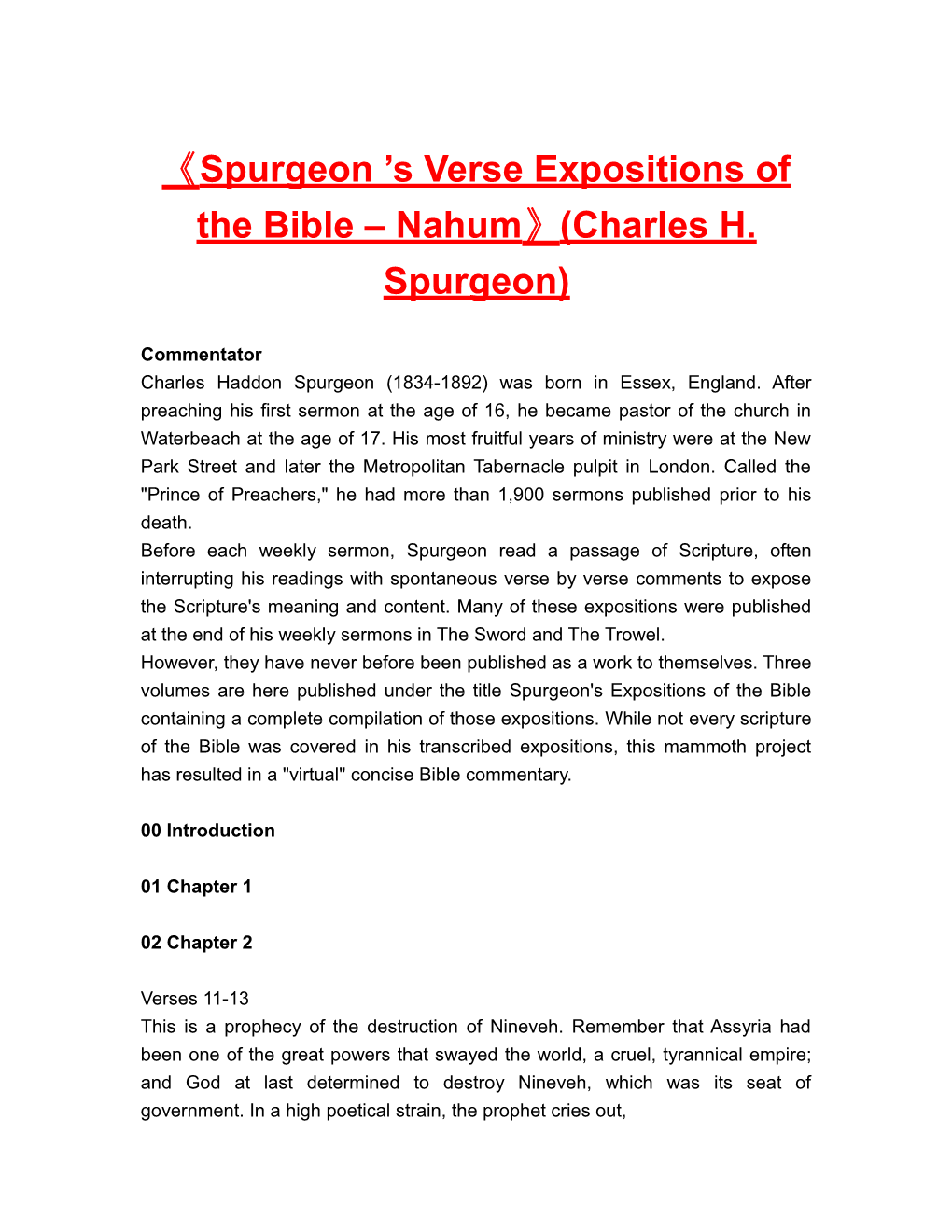 Spurgeon S Verse Expositions of the Bible Nahum (Charles H. Spurgeon)