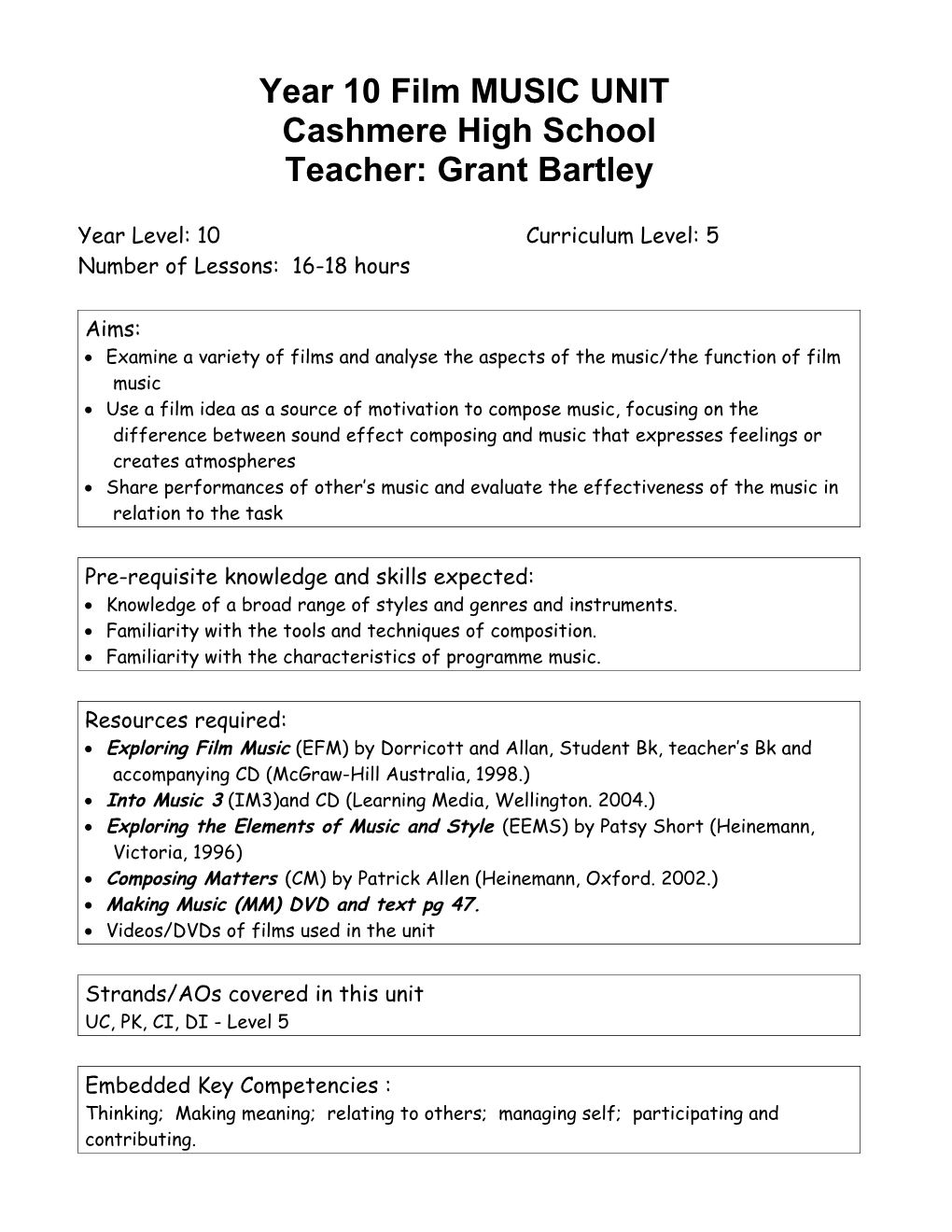 Music Unit Planning Template