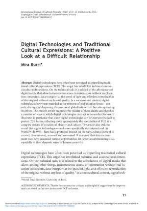 Digital Technologies and Traditional Cultural Expressions: a Positive Look at a Difficult Relationship Mira Burri*