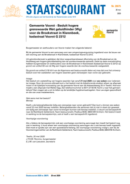 Gemeente Voorst - Besluit Hogere Grenswaarde Wet Geluidhinder (Wg) Voor De Broekstraat in Klarenbeek, Kadastraal Voorst G 2312