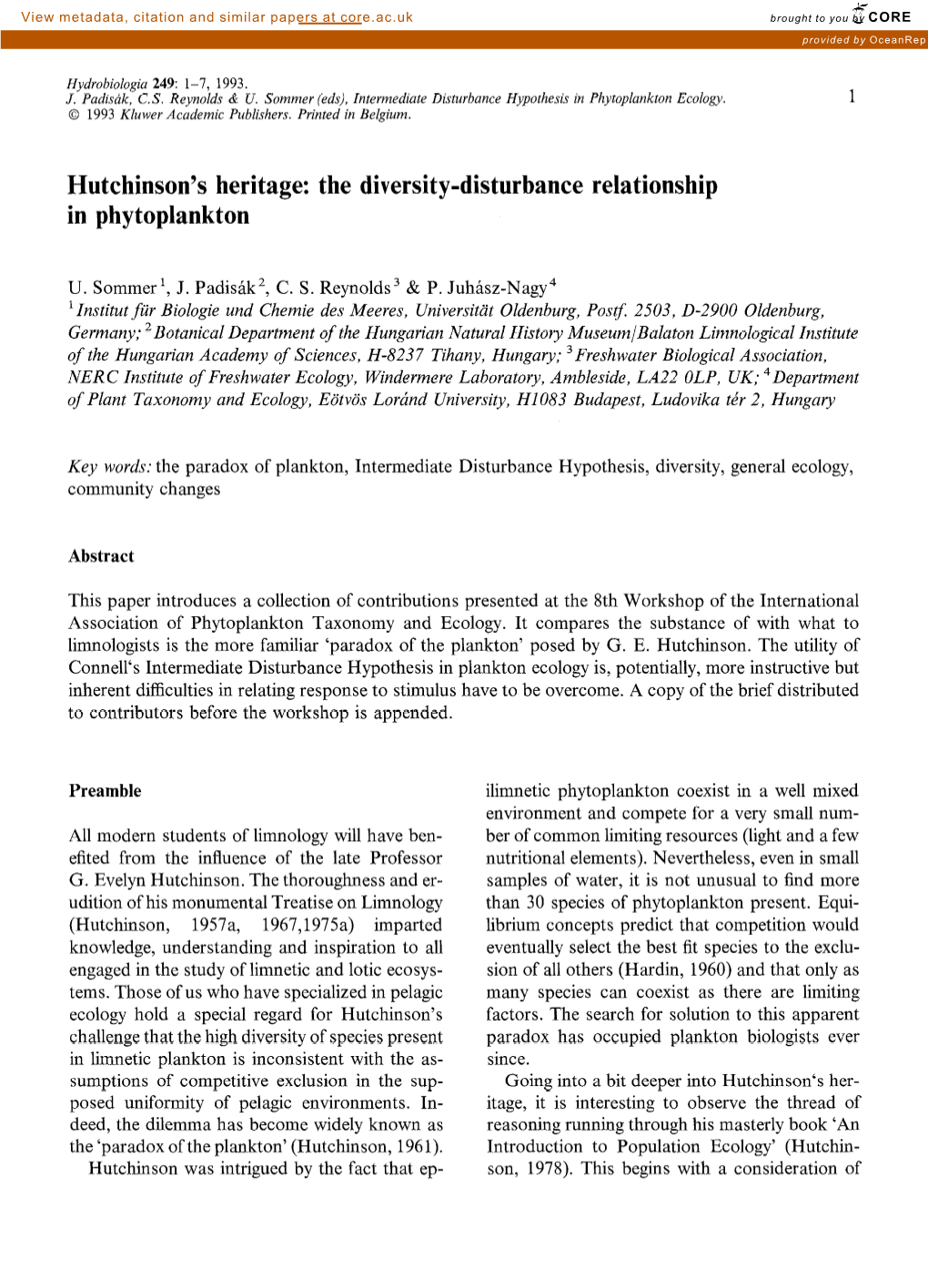 Hutchinson's Heritage: the Diversity-Disturbance Relationship In