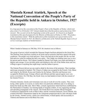 Mustafa Kemal Atatürk, Speech at the National Convention of the People's Party of the Republic Held in Ankara in October, 1927 (Excerpts)