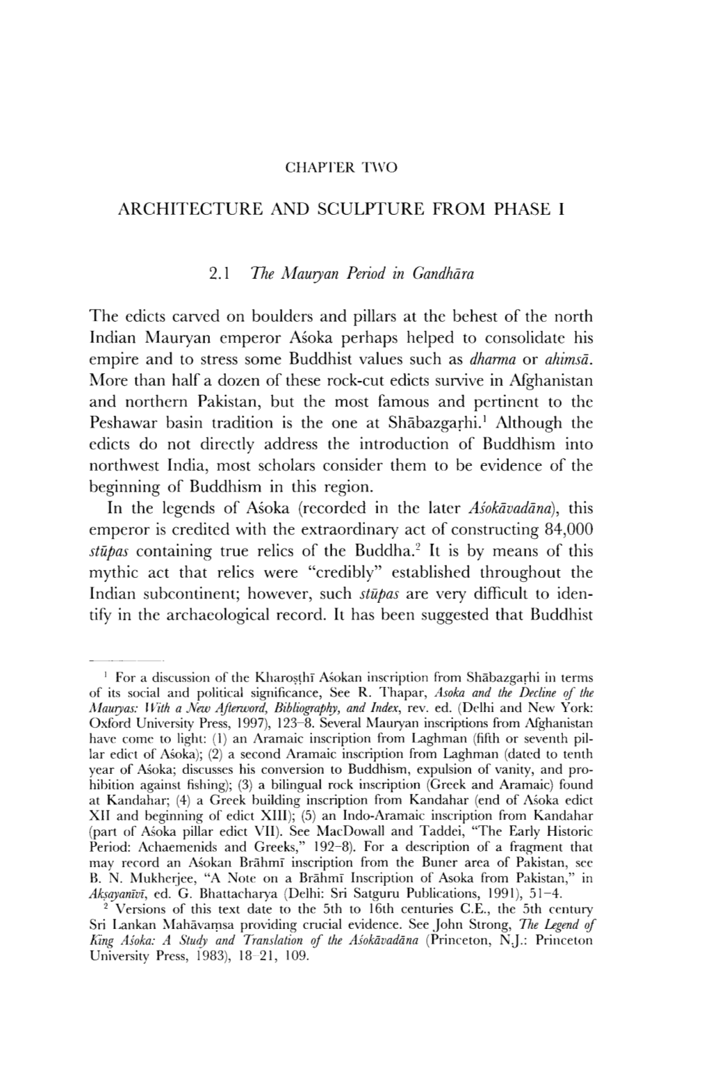 ARCHITECTURE and SCULPTURE from PHASE I 2.1 the Mauryan Period in Gandhara