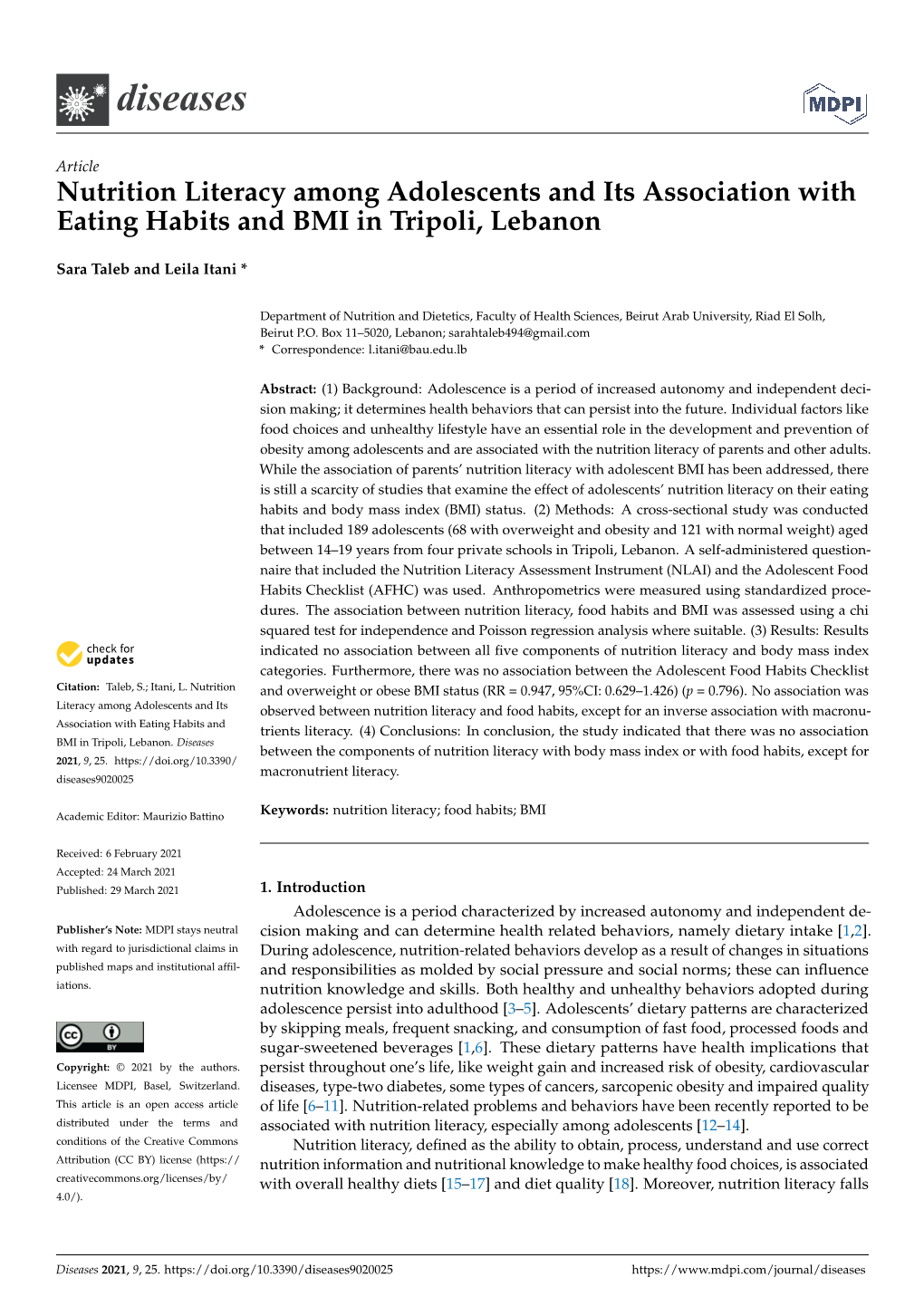 Nutrition Literacy Among Adolescents and Its Association with Eating Habits and BMI in Tripoli, Lebanon