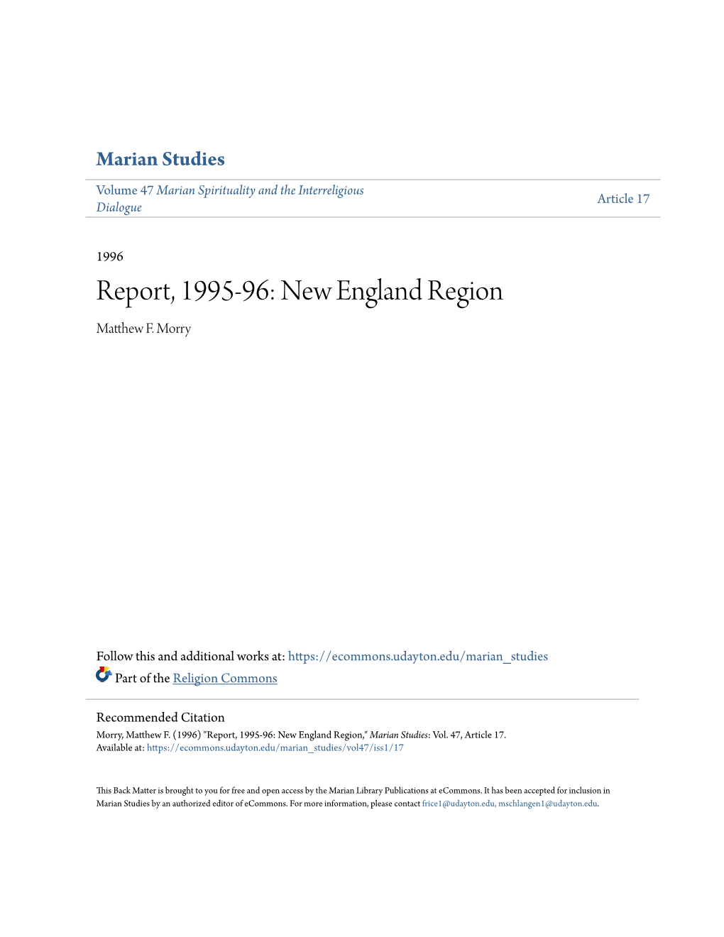 Report, 1995-96: New England Region Matthew .F Morry