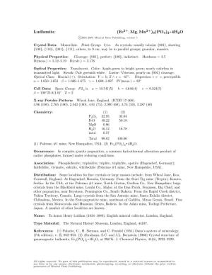 Ludlamite (Fe , Mg, Mn )3(PO4)2 • 4H2O C 2001-2005 Mineral Data Publishing, Version 1