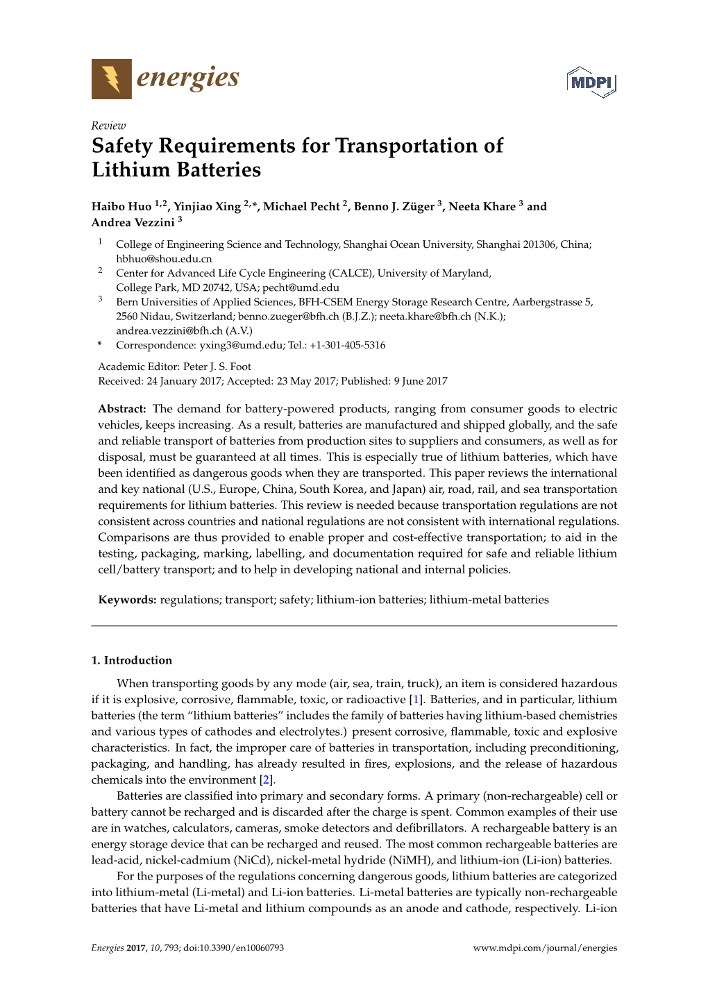 Safety Requirements for Transportation of Lithium Batteries