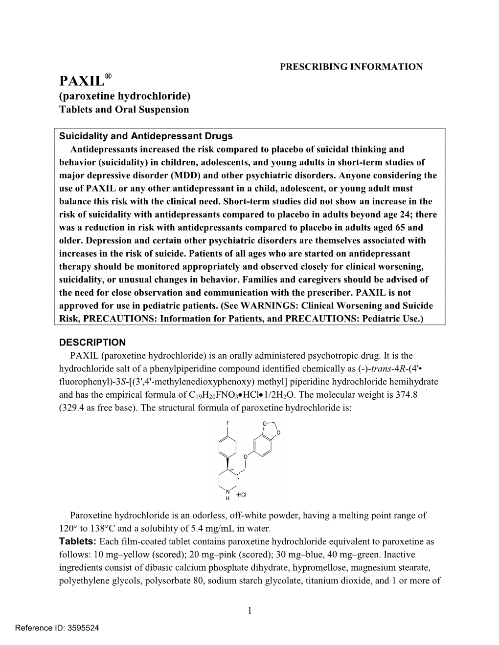 PAXIL® (Paroxetine Hydrochloride) Tablets and Oral Suspension