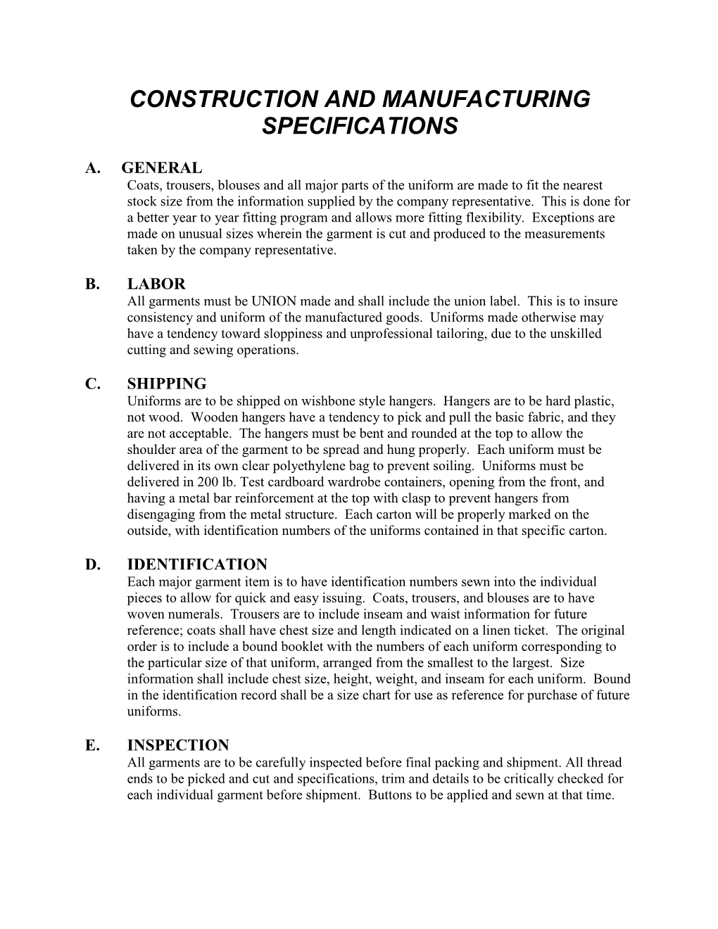 Construction and Manufacturing Specifications