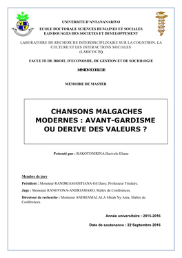 Chansons Malgaches Modernes : Avant-Gardisme Ou Derive Des Valeurs ?