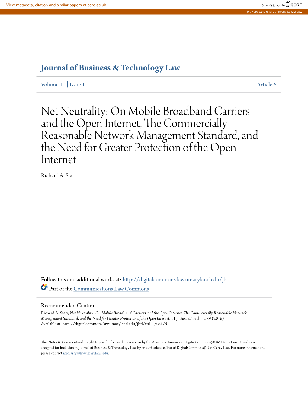 Net Neutrality: on Mobile Broadband Carriers and the Open Internet, the Commercially Reasonable Network Management Standard