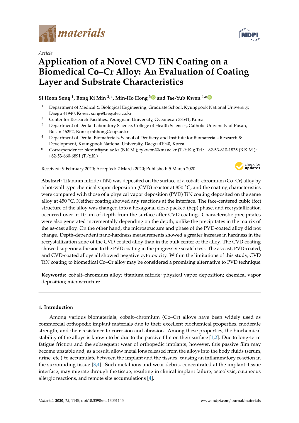 Application of a Novel CVD Tin Coating on a Biomedical Co–Cr Alloy: an Evaluation of Coating Layer and Substrate Characteristics