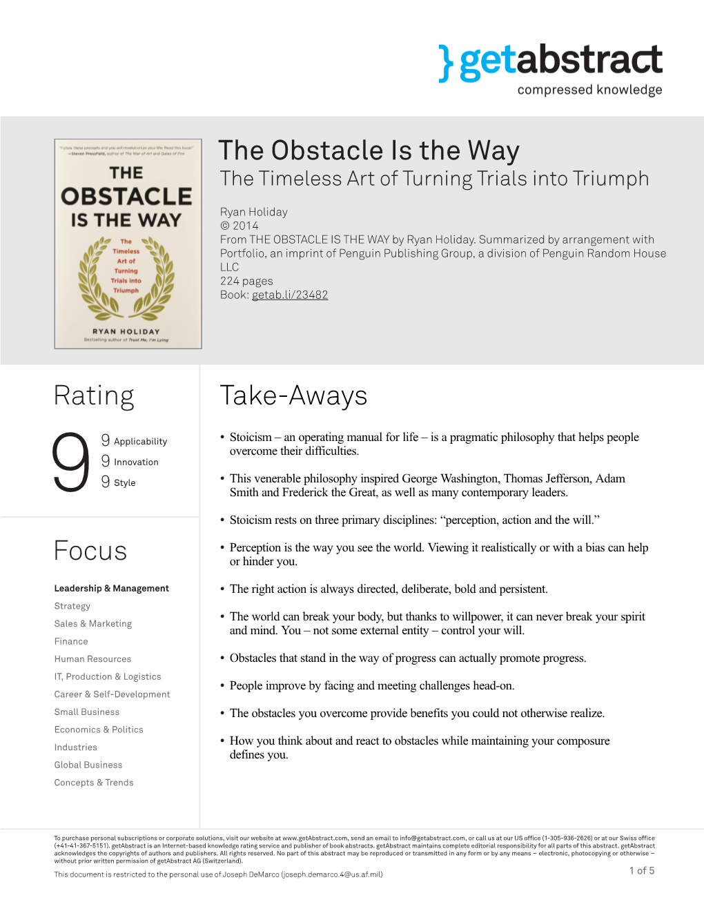 The Obstacle Is the Way Rating Focus Take-Aways