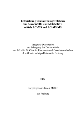 Entwicklung Von Screeningverfahren Für Arzneistoffe Und Metaboliten Mittels LC-MS Und LC-MS/MS