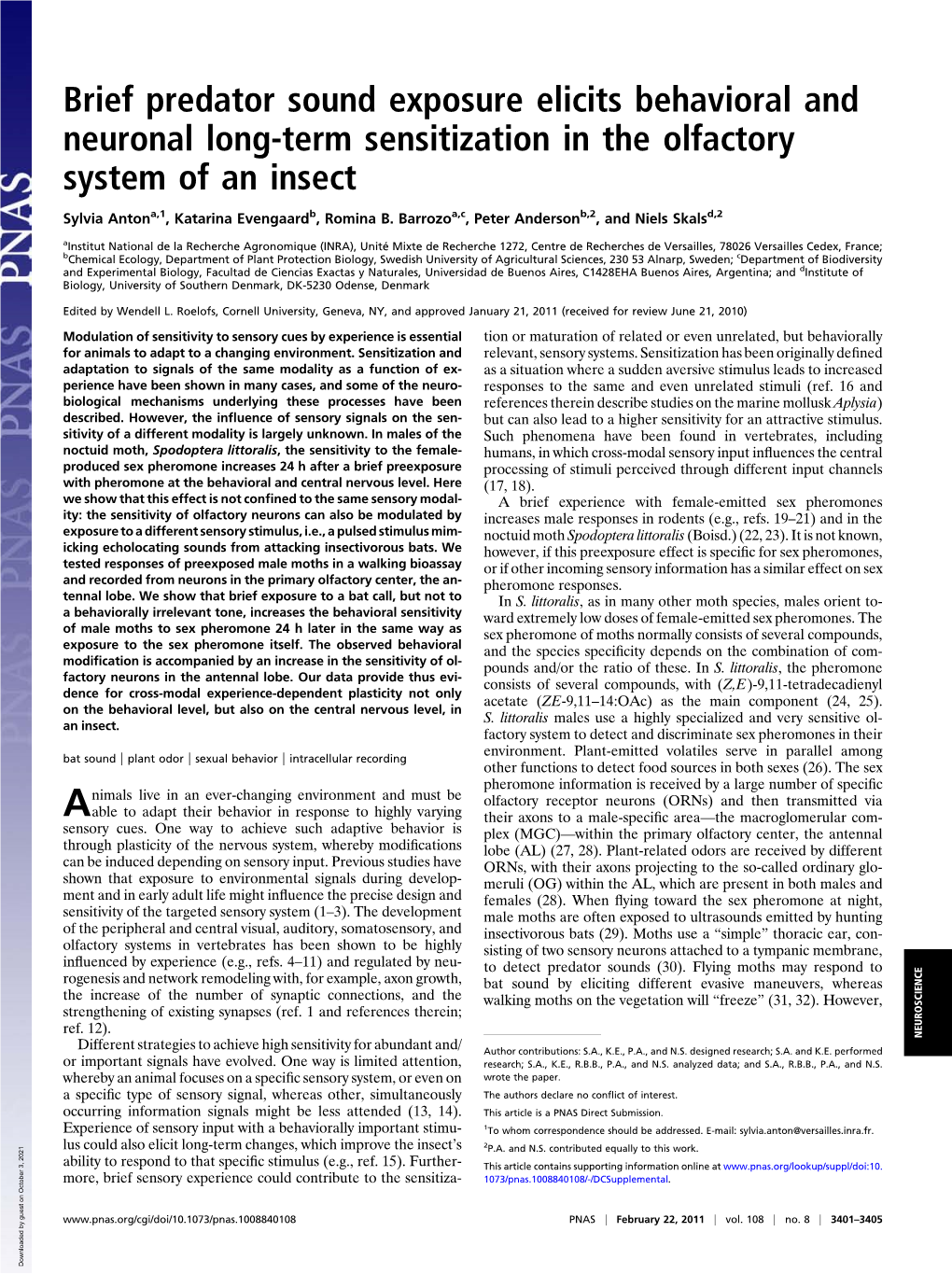 Brief Predator Sound Exposure Elicits Behavioral and Neuronal Long-Term Sensitization in the Olfactory System of an Insect