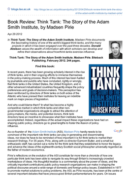 Think Tank: the Story of the Adam Smith Institute, by Madsen Pirie