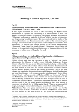 Chronology of Events in Afghanistan, April 2002*