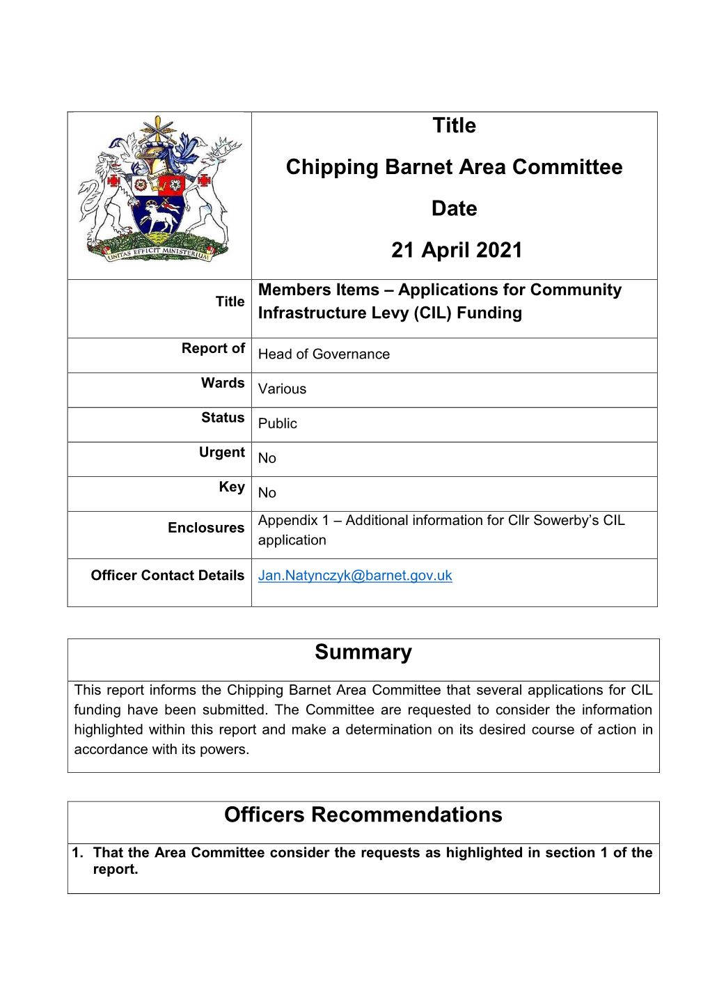 Summary Officers Recommendations Title Chipping Barnet Area