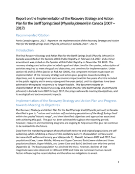 Banff Springs Snail (Physella Johnsoni) in Canada (2007 – 2017) Recommended Citation Parks Canada Agency