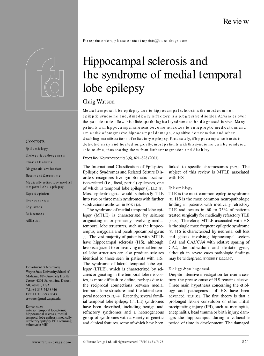 Hippocampal Sclerosis and the Syndrome of Medial Temporal Lobe