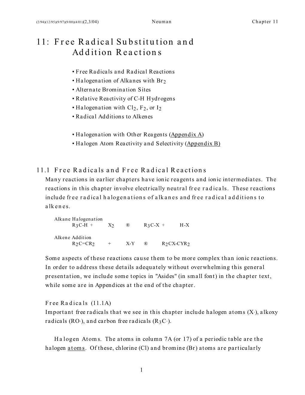 11: Free Radical Substitution and Addition Reactions